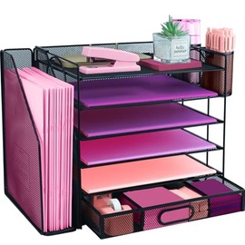 Organizadores de escritorio y accesorios con soporte para archivos, organizador de bandeja de papel de 6 niveles con cajón y 2 soportes para bolígrafo