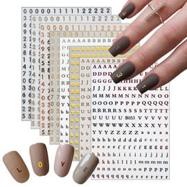 Letter Nail Stickers Holographic Number Nail Art Stickers 3D Self-Adhesive Black White Number Nail Decals Gold Silver English Character Nail Designs Supplies for Women DIY Nail Decoration 8 Sheets