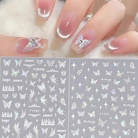 8 Sheets Butterfly Nail Stickers 3D Self Adhesive Nail Design Laser Butterfly Nail Art Stickers Supplies Hologram Butterfly Star Nail Decals for Women Girls DIY Manicure Nail Decoration
