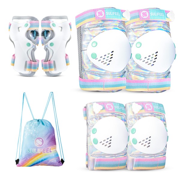 SULIFEEL Rainbow Unicorn Knee Pads for Kids Knee Elbow Pads Wrist Guards with Drawstring Bag Adjustable Protective Gear Set for Girls Roller Skating Bike Cycling Skateboard Scooter Shiny Medium