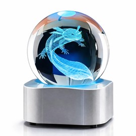 Zerelys 3D Axolotl Crystal Ball Night Light for Boys Girls, 3.15 Inch LED Crystal Lamp with Automatic Rotating Light Led Base, Birthday Gift for Kids, Bedroom Decor with Gift Box(Axolotl)