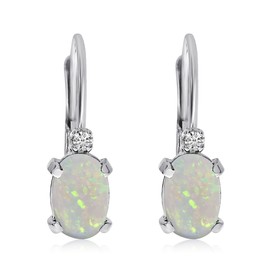14k White Gold Oval Opal and Diamond Leverback Earrings