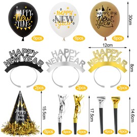 New Year's Eve Decoration 2025, 46 Pieces New Year Party Decoration, New Year Party Hats, New Year's Eve Headband, New Year's Eve Party Blushes, New Year's Eve Balloons for New Year Decoration, Photo