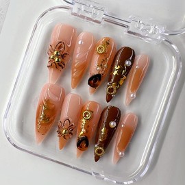 NailPhoria MID-FALL Collections 10PCS Handmade Press On Nails REUSABLE 3D GEL / Acrylic FALL 2024 - Design: spring blush, Nail Bed Size: S
