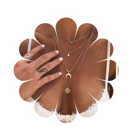 Yheakne Boho Layered Coin Necklace Choker Gold Disc Pendant Necklace Multi Layering Crescent Moon Necklace Long Circle Necklace Chain Jewellery for Women and Girls (Gold), Metal