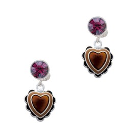 Delight Jewelry Silvertone Brown Ruffle Heart - Large Purple Crystal Clip on Earrings