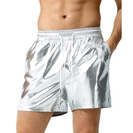 Casey Kevin Men's Metallic Shorts Reflective Rave Shorts with Pockets, CK3112-Silver, XL