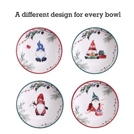Bico Christmas Gnomes Ceramic 35oz Dinner Bowls, Set of 4, for Pasta, Salad, Cereal, Soup & Microwave & Dishwasher Safe