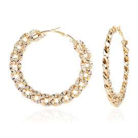 Gold Tone Iced Out Rhinestone Punk Large Circle Round Chunky Cuban Chain Hoop Earrings Geometric Big Loop Earrings Hip Hop Exaggerated Statement Jewelry-6cm crystal