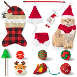 MALLMALL6 Christmas Cat Stocking Toys Costumes 11Pcs Interactive Cats Toy Gift Set with Santa Hat Scarf Teaser Wand Mice Deer Bells Balls Xmas Tree for Cat, Hanging Burlap Plaid Fish Sock for Pet