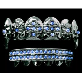 Big Dawgs Bling Hip Hop Black Gun Metal Mouth Teeth Grillz Set Blue Stone Cross Fangs + Mold Kit