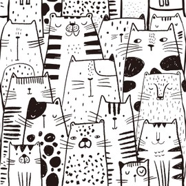 Chunlei Peel and Stick Wallpaper, Cute Cartoon Cat Black White Pattern, 236in x 17.7in, Waterproof Vinyl, Removable Reusable, Eco-Friendly, for Bedroom Living Room Rental Apartment