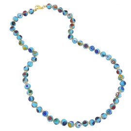 Glass Of Venice Murano Glass Necklace Longer Length 24 Inches - Italian Aqua Turquoise Blue Millefiori Mosaic Beads Handmade Blown Glass - Murano Glass Necklaces for Women
