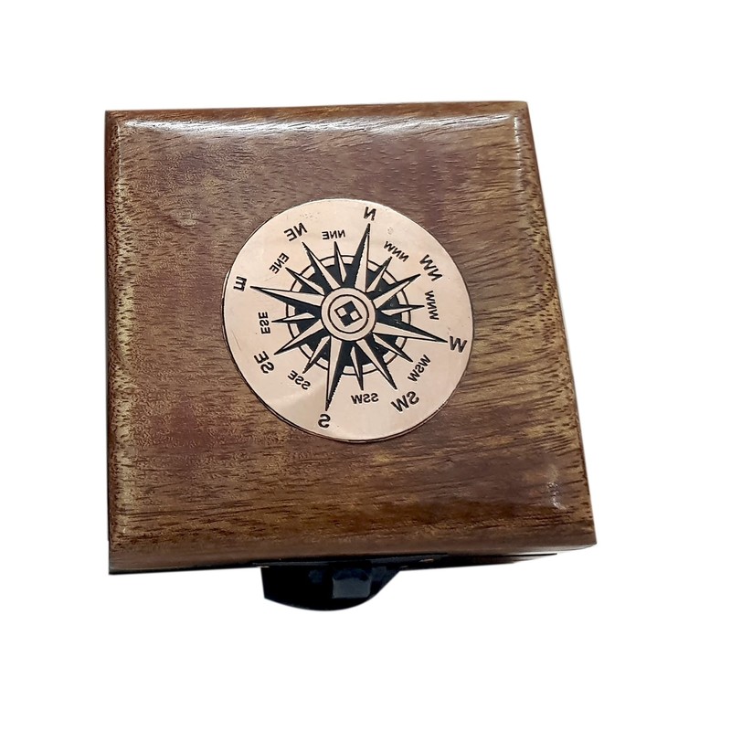 Antique Brass Compass Functional Direction Sailor Article Brown Wood Royal