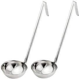 [2 Pack] 12 Oz Stainless Steel Soup Ladle - One-Piece Sauce Spatula with Hook Handles, Commercial Grade Serving Spoon, Kitchen Tool for Restaurant or Home Cooking, Mirror Finish, 14.75” Long