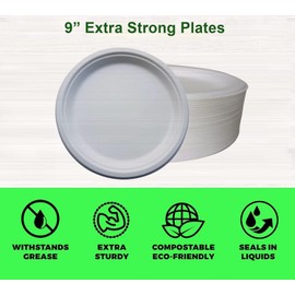 PACK OF 50, STRONG DISPOSABLE PLATES 9" / 23cm USED FOR HOT & COLD FOODS Party Lunch Dinner Plates Super Rigid Biodegradable Ecofriendly Plates Large Disposable Party Plates for Home Office Christmas