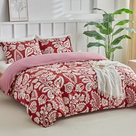 Lekesky Duvet Cover Set Double Bedding Burgundy - Traditional Paisley Pattern Double Duvet Set (1x Quilt Cover, 2x Pillowcases) Soft Microfiber Paisley Bedding 200x200 cm, Burgundy