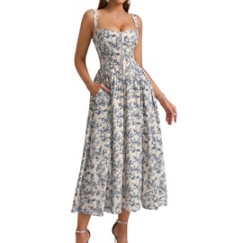 KUTUMAI Floral Corset Midi Dress Flowy Slit Summer Spring Wedding Guest Dresses for Women Sundress with Pockets BlueFloral L