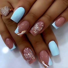 French Tip Press on Nails Medium Length Square Fake Nails,Light Blue False Nails with Gold Butterfly Designs,Acrylic Coffin Artificial Nails Glue on Nails, Full Cover Stick on Nails for Women 24Pcs