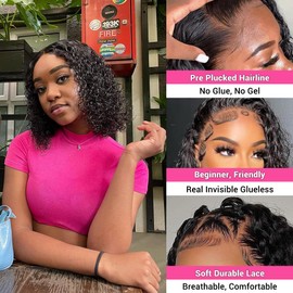 Amygirl Wear and Go Glueless Human Hair Pre Plucked Pre Cut Bob 4x4 Deep Wave Lace Front Wigs 180% Density No Glue Human Hair Wigs for Black Women, Natural Black 1B, 12 Inch