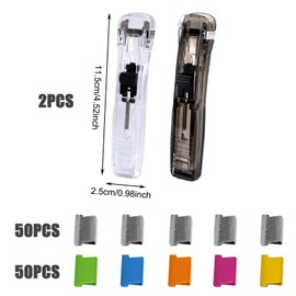 AWAVM Clam clip dispenser closure clips, 2 pieces, portable fast clam clip dispenser and 100 stainless steel metal clips, suitable for kitchens, offices, schools and other places, plastic refill