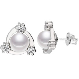 LÖB Women's Stud Earrings 925 Silver Rhodium Plated with Pearls Zirconia Rhinestones 10 mm Pearl Earrings Triangle Stud Earrings Bridal Jewellery, Silver, Cubic Zirconia