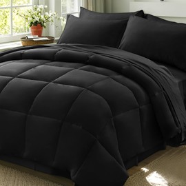 Zzlpp King Size Comforter Set - 7 Pieces Black Bed in a Bag King Ultra-Soft - Down Alternative Bed Set- Premium 1800 Series with Comforter, Sheets with 2 Side Pockets, Shams & Pillowcases