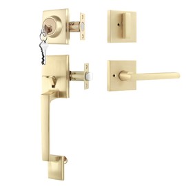 Leydebong Gold Front Door Handle and Deadbolt Set, Modern Front Door Lock Set, All Keyed Differrnt Front Door Handle with Single Cylinder Deadbolt for Exterior Door, Reversible for Right&Left