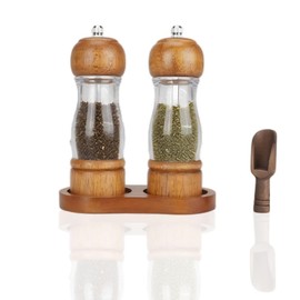2Pcs Salt and Pepper Grinders Set Mill with Tray, Pepper Grinders with Clear Window, Wooden Salt and Pepper Mills with Adjustable Ceramic Core, Refillable Manual Pepper Mill Grinder for Home Cooks