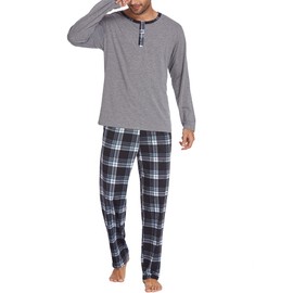 Ekouaer Mens Pyjamas Set Cotton Checked Lounge Wear Long Sleeve Top & Bottoms Pyjamas for Men Soft Nightwear Pjs M Grey