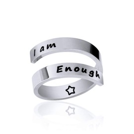 AILUOR Silver Keep Going Ring, Stainless Steel Inspirational Rings Jewelry Engraving Size Adjustable Bands Cool Personality Encouragement for Women Men Statement Ring (I am Enough Silver)