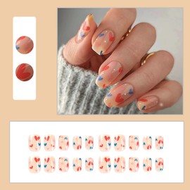 Pack of 24 Valentine's Day False Nails Square Short Red Blue Love Heart Artificial Nails Press On Nails, French Artificial Nails for Sticking with Design, Glossy Fingernails Fake Nails for Women and