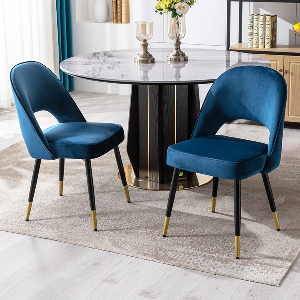 Wahson Velvet Dining Chairs Set of 2 Side Chairs Kitchen Corner Chairs with Metal Legs, Modern Leisure Chairs for Living Room/Dining Room,Blue