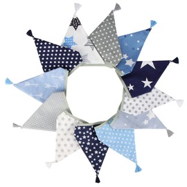 G2PLUS Fabric Bunting with Tassels, Blue and Grey Fabric Garland on Both Sides, 3.3 m Fabric Bunting Garland with 12 Pieces Colourful Bunting for House Bed, Children's Birthday Party Decoration