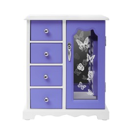 WANLECY Jewelry Box Wooden Organizer for Girls Necklaces Bracelets Rings Storage with 4 Drawers and Swing Door, Butterfly Decor (Purple)