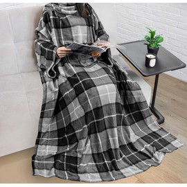 1 Piece Premium Charcoal Plaid Fleece Blanket with Sleeves, Check Microplush Functional Lightweight Wearable Throw Plush Fluffy Warm Soft Cozy Comfy Microfiber Fabric Unisex 250 GSM Front Pouch 70x50