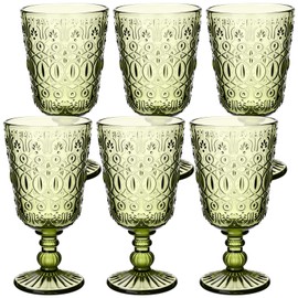 Eaasty Wine Glasses Set of 6 Vintage Goblet 9 oz Vintage Colored Glass Goblet Beverage Stemmed Glass Cups Romantic Embossed Glassware for Wedding Party Holidays Anniversary (Green)