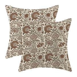 OFIRD Block Print Pillow Covers 18x18 Pack of 2 Brown Floral Throw Pillow Covers Outdoor Decoration,Boho Decorative Brown Flower Pillowcase Farmhouse Decorative Linen Cushion Case for Home Sofa
