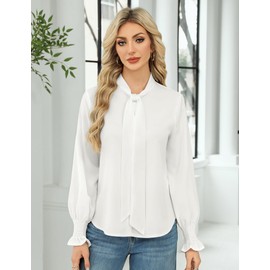 Womens Long Sleeve Bow Tie Neck Dressy Casual Smocked Cuffed Blouse Chiffon Elegant Business Office Work Professional 2025 White