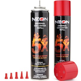 NEON Butane Fuel 300ml, 5X Premium Refined Butane Refill for Torch Lighter, 0 Impurities Lighter Fluid with Metal Nozzle & 5 Butane Gas Refill Adapters for Culinary, Welding, and DIY (2 Cans)