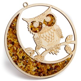 Generic Handmade Baltic Amber Mandala Art Decoration, Stained Glass Souvenir, Gemstone Vitrage of Life (Owl at Night)