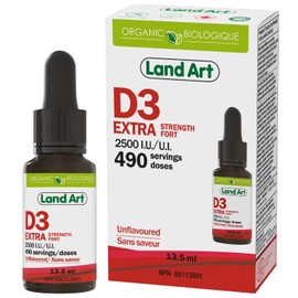 Land Art Certified Organic Vitamin D3 (490 Drops/Servings) - Extra Strength - 2500 IU Per Drop - Immune System Support - GMO Free - Gluten Free - Made in Canada (13.5ml)