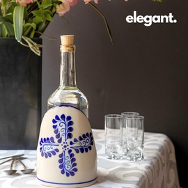 Ceramic Bottle Stand for Tequila, Mezcal, Wine, Oil and Vinegar - Blue and White Talavera Base Kitchen Decor Bottle Holder - Handmade and Hand-Painted in Mexico - Base Botellas Blanca