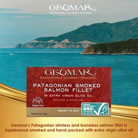 GEOMAR - Patagonian Smoked Salmon Fillet in Extra Virgin Olive Oil, 4oz Can | Hand Packed Canned Salmon | Boneless Skinless Fillet | 15g Protein- 5 pk