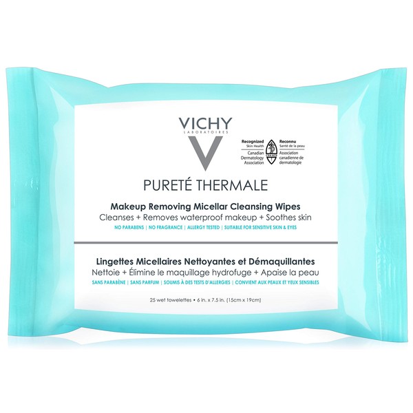 Vichy Purete Thermale 3-in-1 Makeup Remover Wipes with Micellar Water & Vitamin E, Removes Waterproof Makeup, 1 Pack