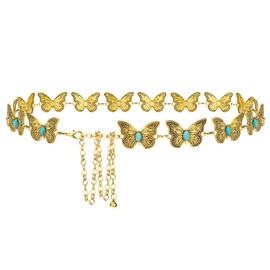 Plus Size Chain Belt for Women, Turquoise Stone, Gold Metal Chain Belt, Belly Chains for Women, Extra Long Body Chain, 59 Inch Adjustable, Chunky Belt Chain, metal, No Gemstone