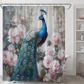 Peacock Shower Curtain Retro Blue Bird Feather Tail Elegant Peacock Feather Animal Spring Garden Blooming Peony Flower Plant Classic Vintage Asian Oil Painting Art Fabric Bathroom Curtains with Hooks