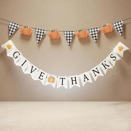 Fall Party Decorations Thanksgiving Banner Set with Give Thanks Letters, Black and White Buffalo Check Bunting, Fall Pumpkin and Maple Leaf Garland Rustic Thanksgiving Party