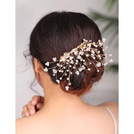 Deniferymakeup Gold Bride Hair Comb Leaf Bridal Hair Piece Pearl Crystal Headpiece for Women and Girls