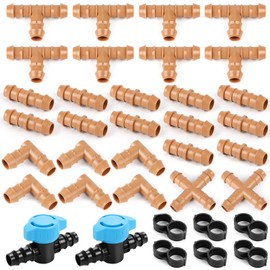 RedChili 36 Pieces Set Drip Irrigation Fittings Kit for 1/2" Tubing (.600" ID), 17mm Drip Barded Connectors with 12 Couplings, 8 Tees, 6 Elbows, 2 Cross, 2 Valves and 6 End Closure